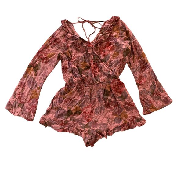 Mossimo Floral Ruffle Romper Boho Wrap Shorts Lace-Up Women's XS Bell Sleeve - Picture 1 of 12